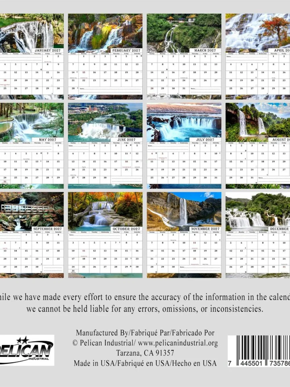 2027-12 Months Desk Calendar Desktop Planner with To-Do List (Waterfalls)